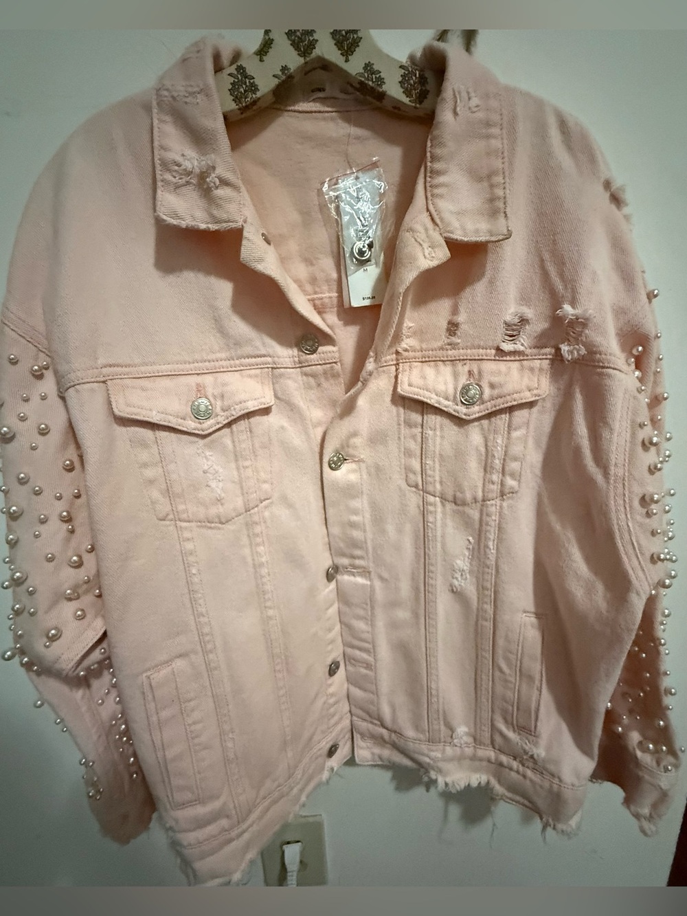 NWT Sunset+Spring Pink Pearl Embellished Distressed Denim Trucker Jacket M $128